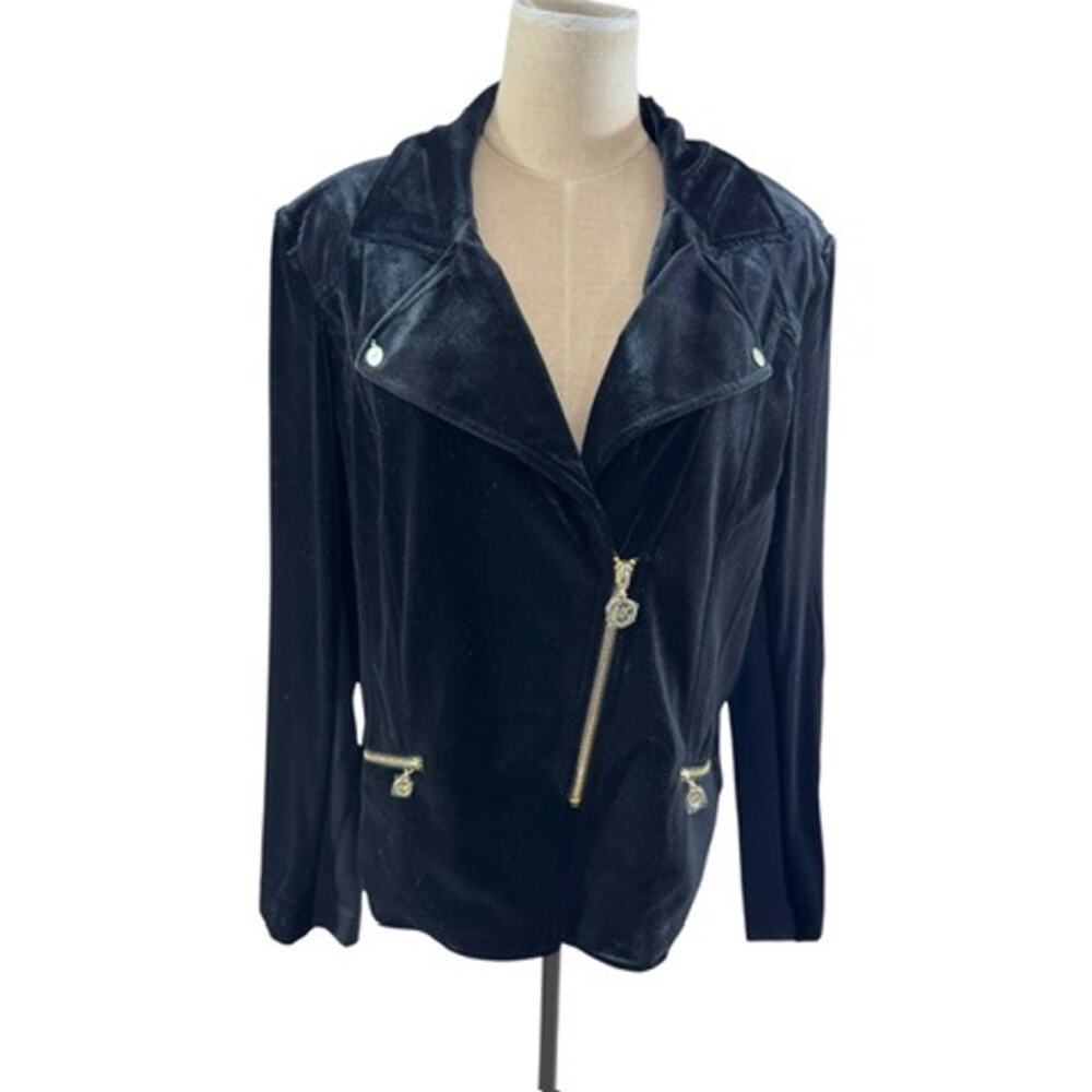 "ANNE KLEIN" Black, Velvet, Biker Jacket ,Lg Gold Hardware ,Zipper Pockets Sz XL